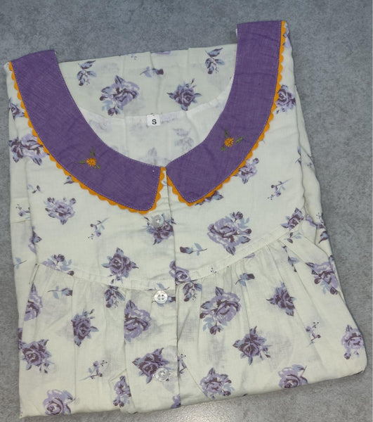 Soft Cotton Pleated, With Pockets, No Open Small Printed Nighty