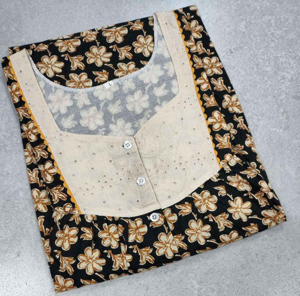 Cotton Pleated, With Pockets, Half Open Large Printed Nighty