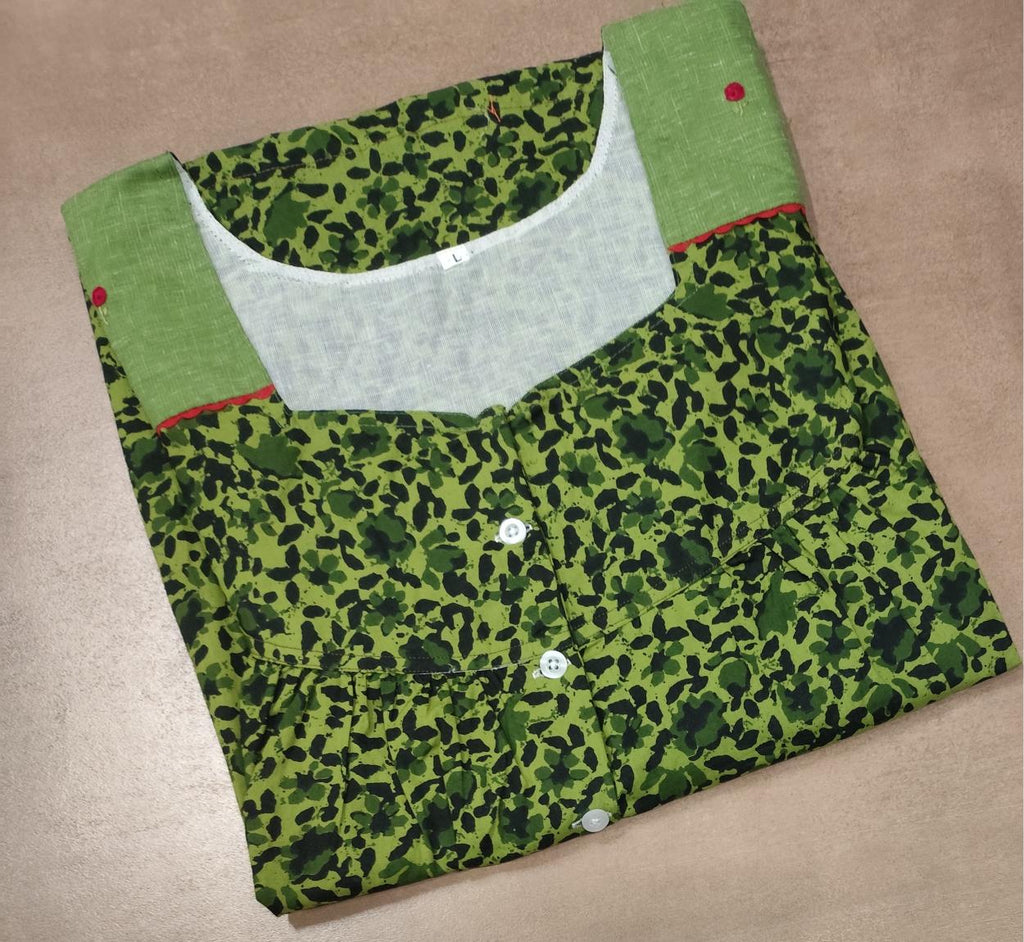 Cotton Pleated, With Pockets, Half Open Large Printed Nighty