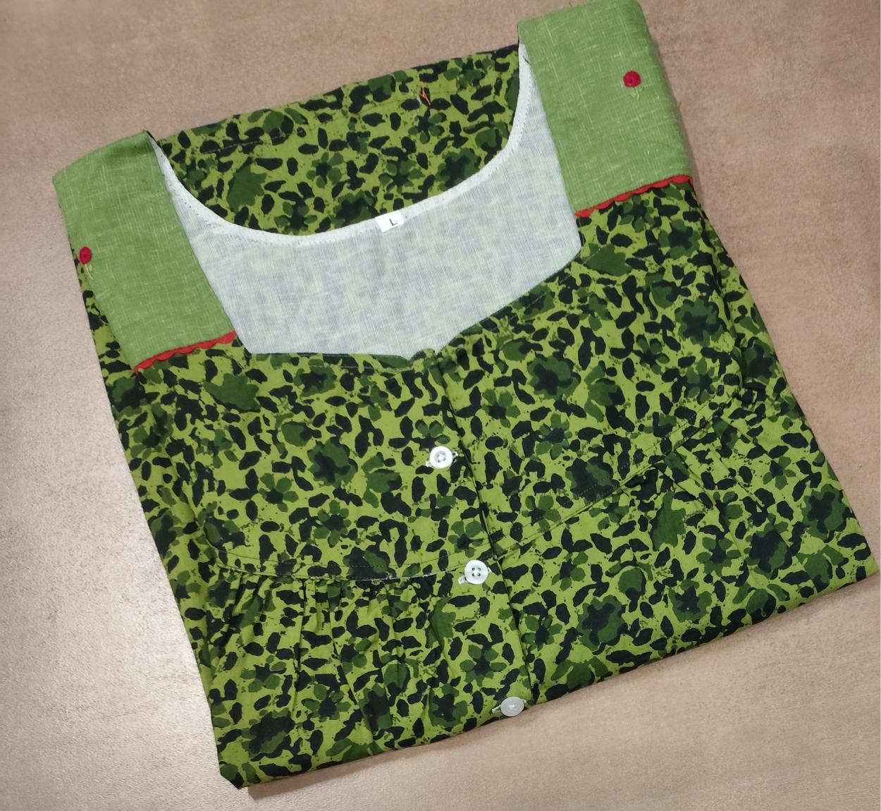 Cotton Pleated, With Pockets, Half Open Large Printed Nighty