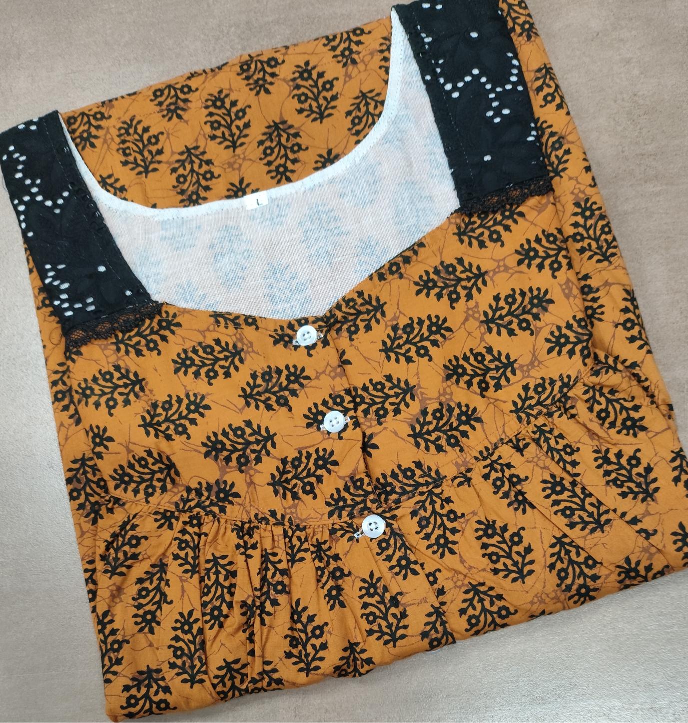 Cotton Pleated, With Pockets, Half Open Large Printed Nighty