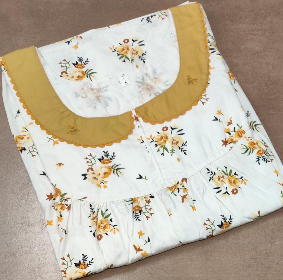 Cotton Pleated, With Pockets, No Open Large Printed Nighty