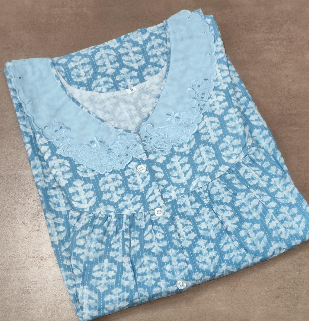 Cotton Pleated, With Pockets, No Open Large Printed Nighty