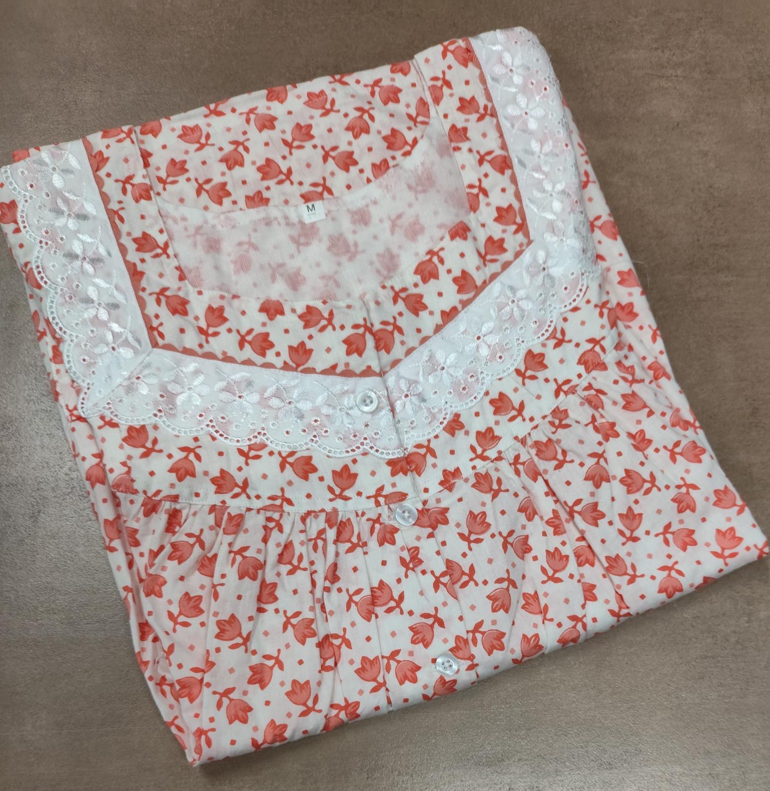 Cotton Pleated, With Pockets, Half Open Medium Printed Nighty