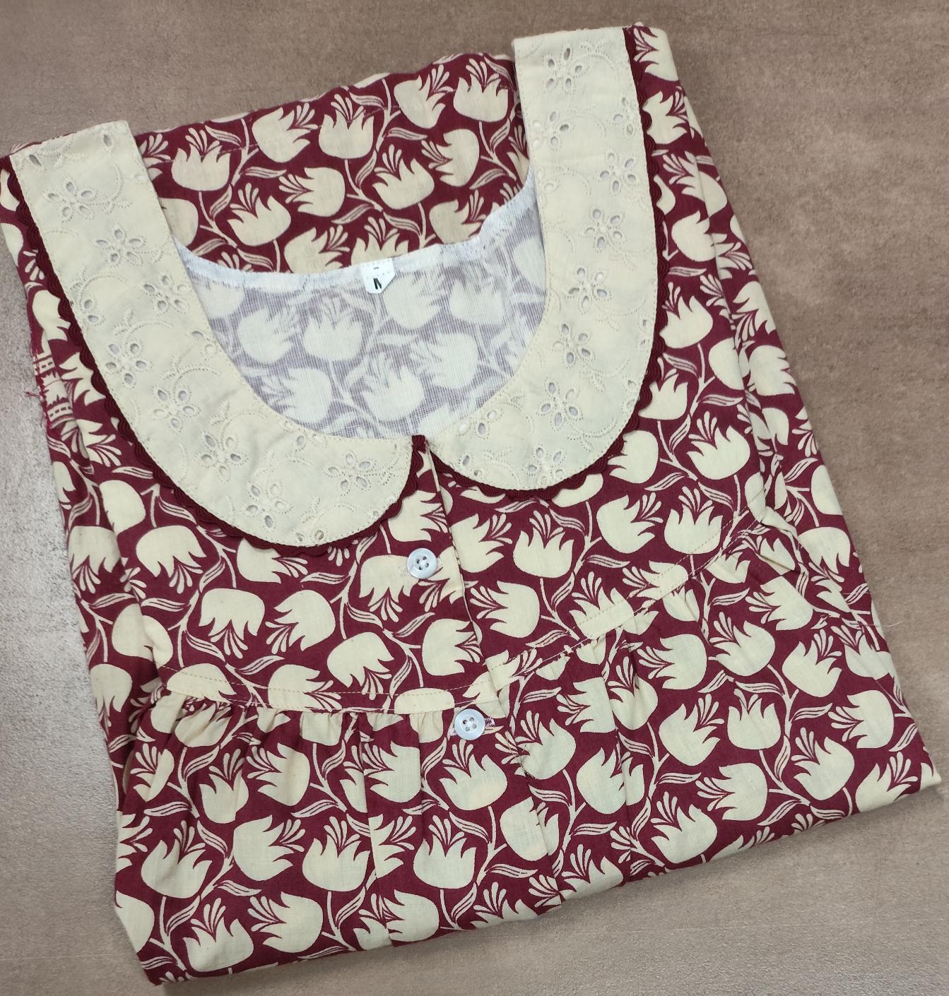 Cotton Pleated, With Pockets, Half Open Medium Printed Nighty
