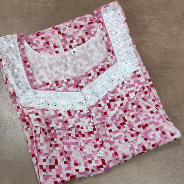 Cotton Pleated, With Pockets, Half Open Medium Printed Nighty