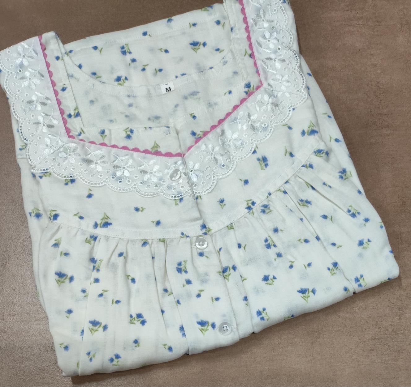 Cotton Pleated, With Pockets, Half Open Medium Printed Nighty