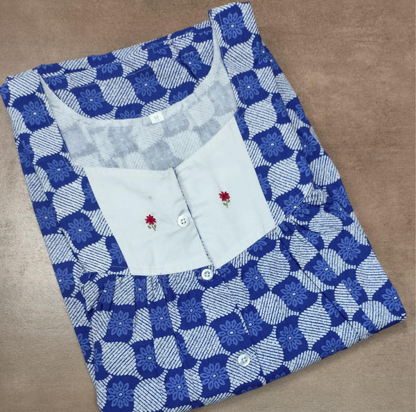 Cotton Pleated, With Pockets, Half Open Medium Printed Nighty