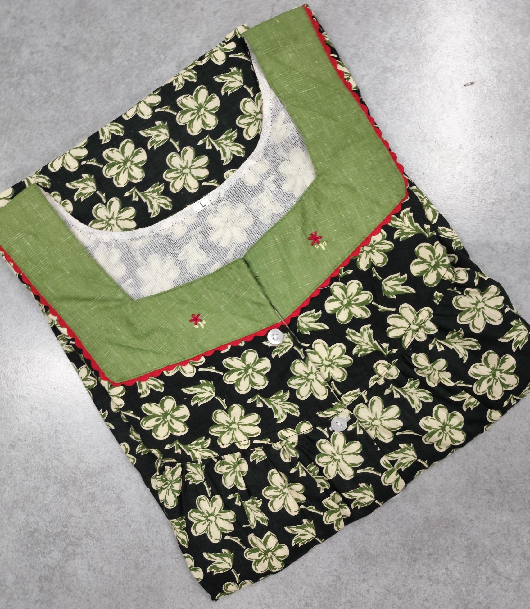Cotton Pleated, With Pockets, Half Open Large Printed Nighty