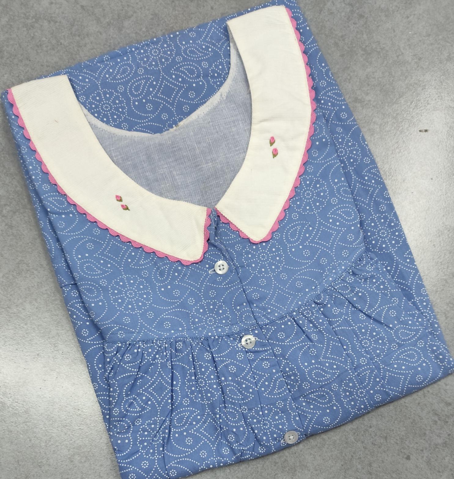 Soft Cotton Pleated, With Pockets, Half Open Small Printed Nighty