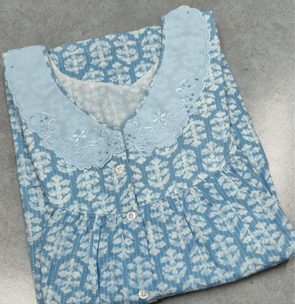 Soft Cotton Pleated, With Pockets, Half Open Small Printed Nighty