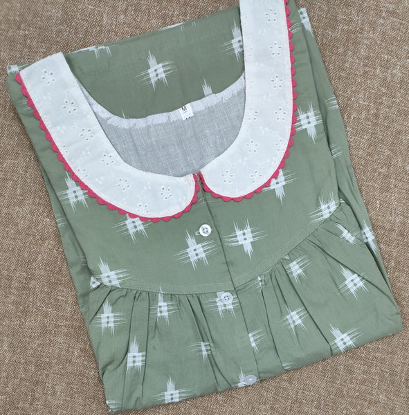 Soft Cotton Pleated, With Pockets, Half Open Medium Printed Nighty