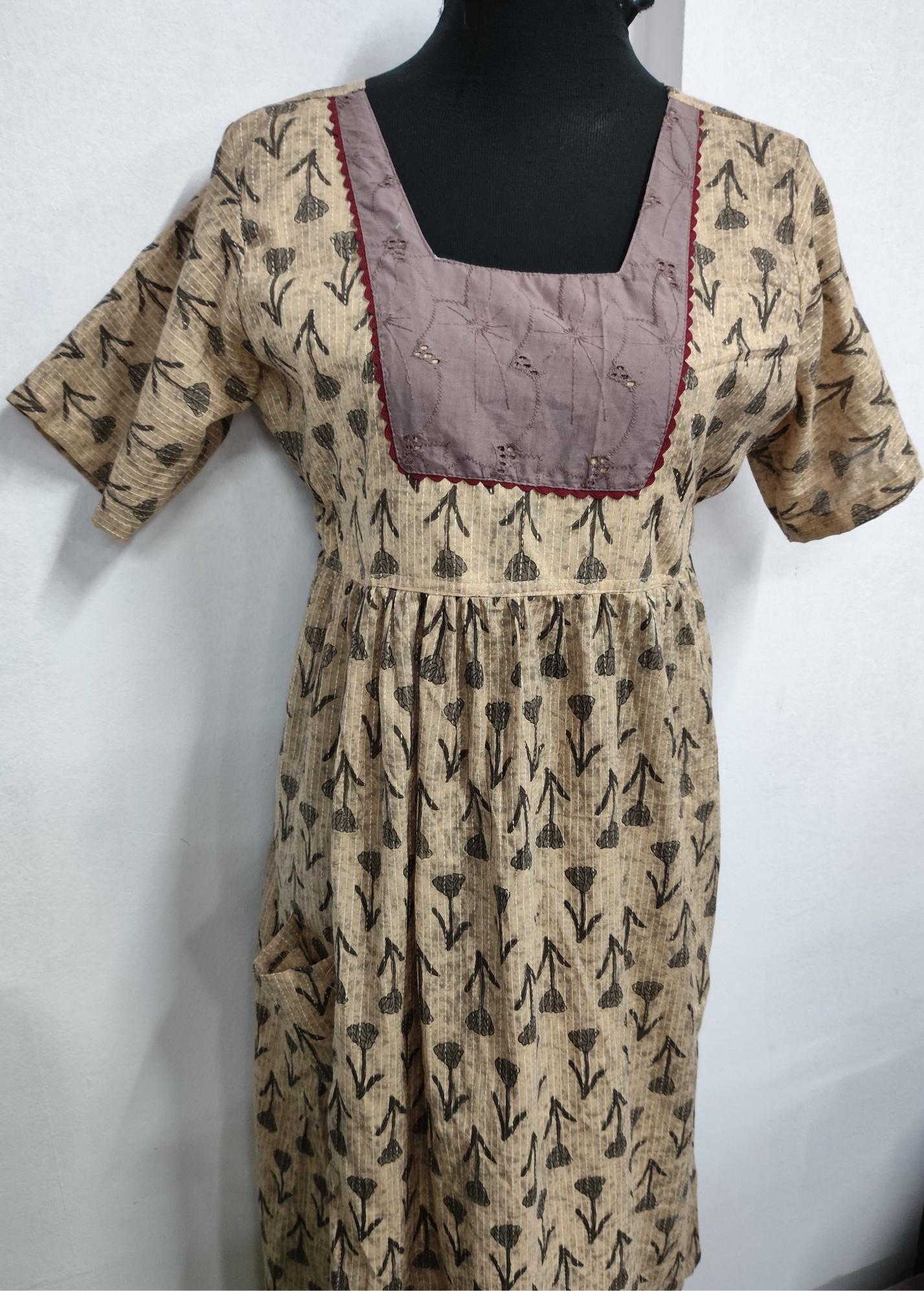 Cotton With Pockets, Back A-line, Side elastic Large Printed Frock Nighty With 48 inch length