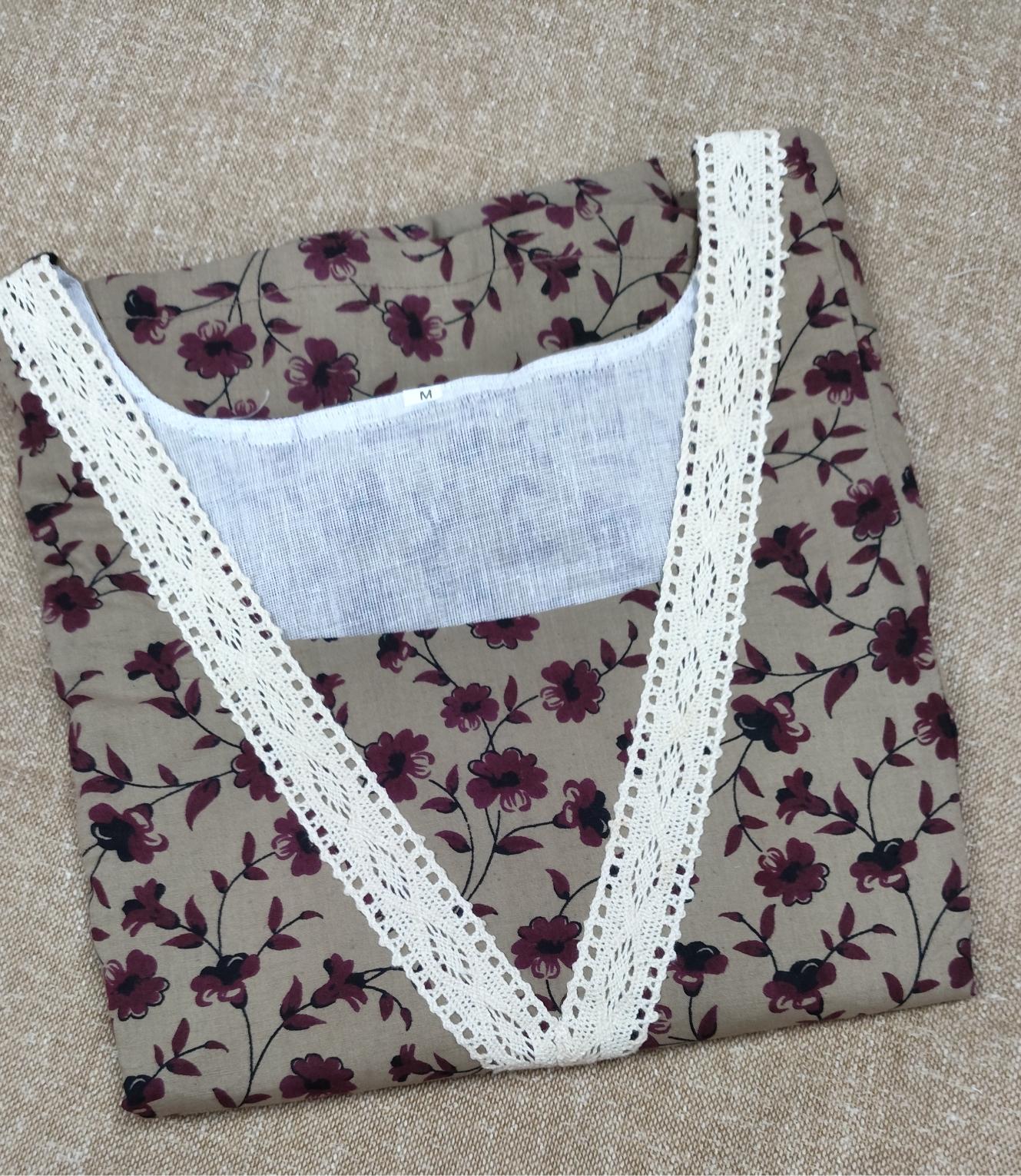 Cotton Pleated, With Pockets, Back A-line, Side elastic Medium Printed Nighty