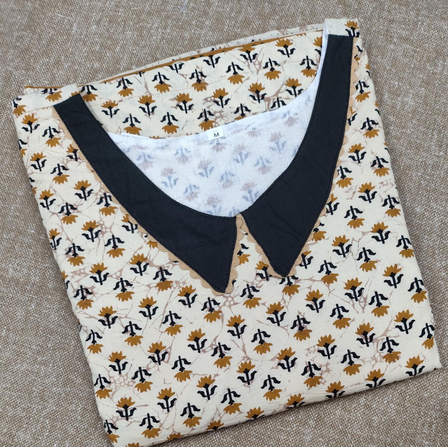Cotton Pleated, With Pockets, Back A-line, Side elastic Medium Printed Nighty