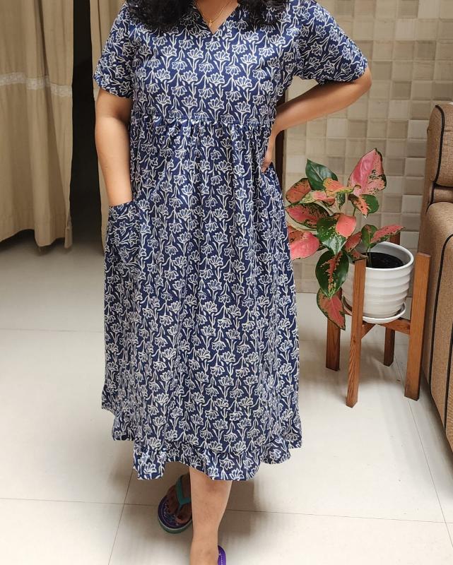 Cotton Pleated, With Pockets, Back A-line, Side elastic Small Printed Frock Nighty With 48 inch length