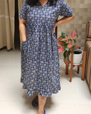 Cotton Pleated, With Pockets, Back A-line, Side elastic Large Printed Frock Nighty With 48 inch length