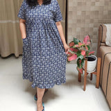 Cotton Pleated, With Pockets, Back A-line, Side elastic Medium Printed Frock Nighty With 44 inch length