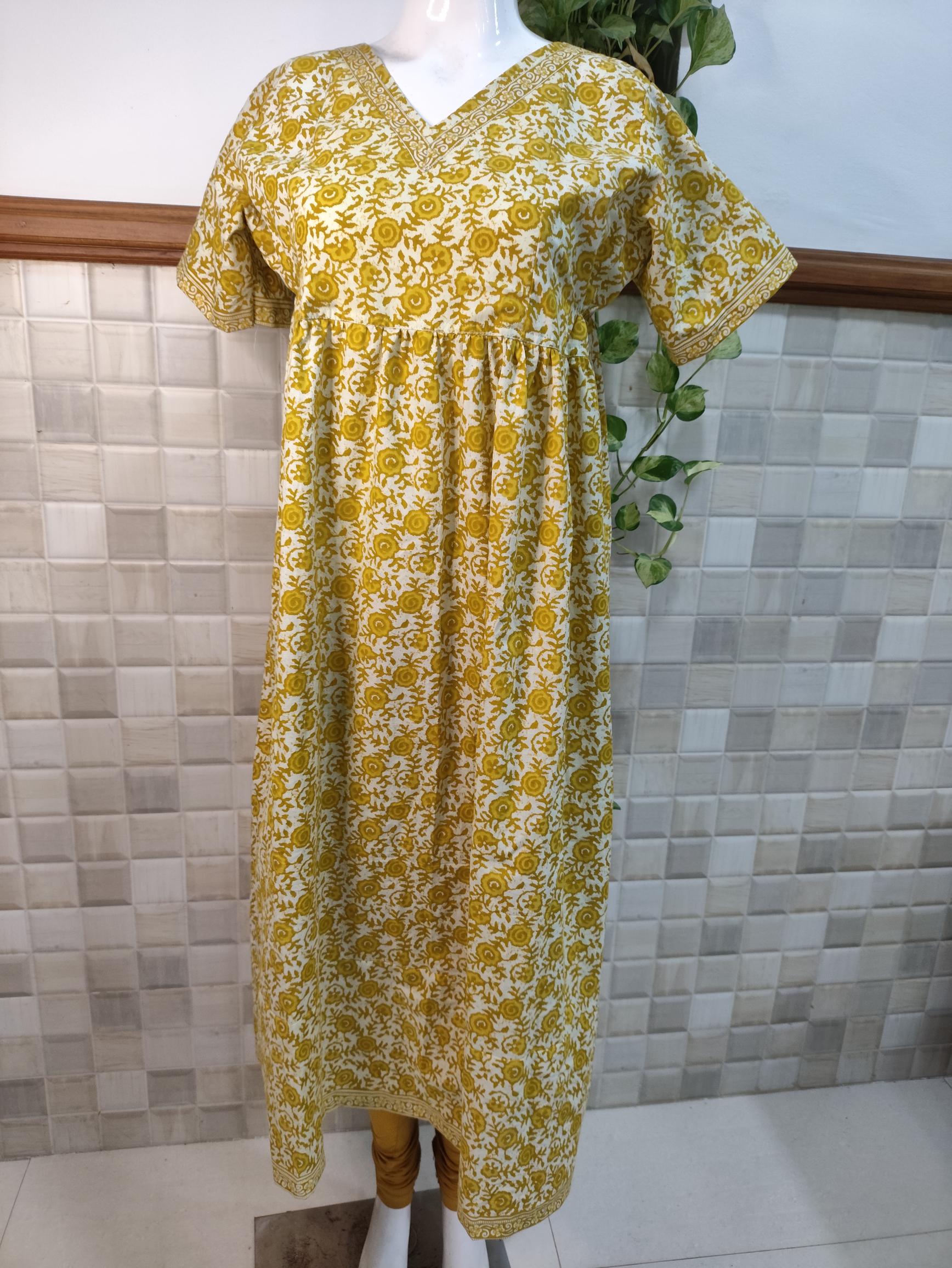 Cotton Pleated, No Open, Side elastic Medium Printed Frock Nighty With 48 inch length