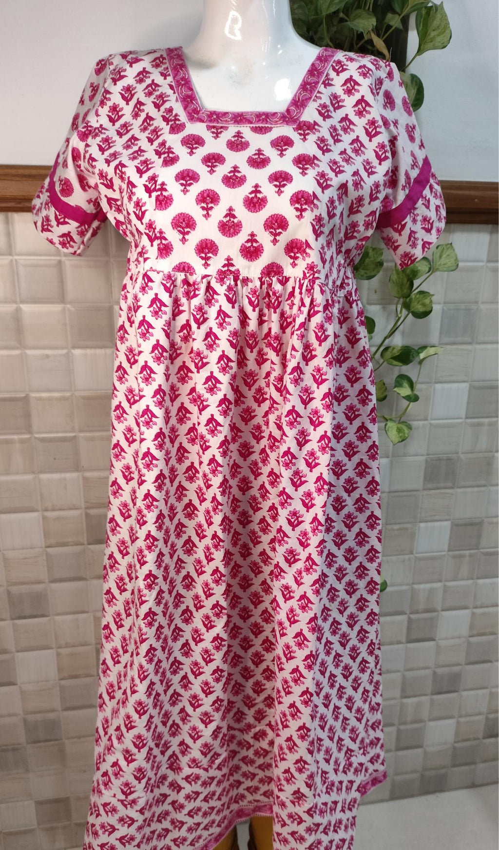 Cotton Pleated, No Open, Side elastic Medium Printed Frock Nighty With 45 inch length