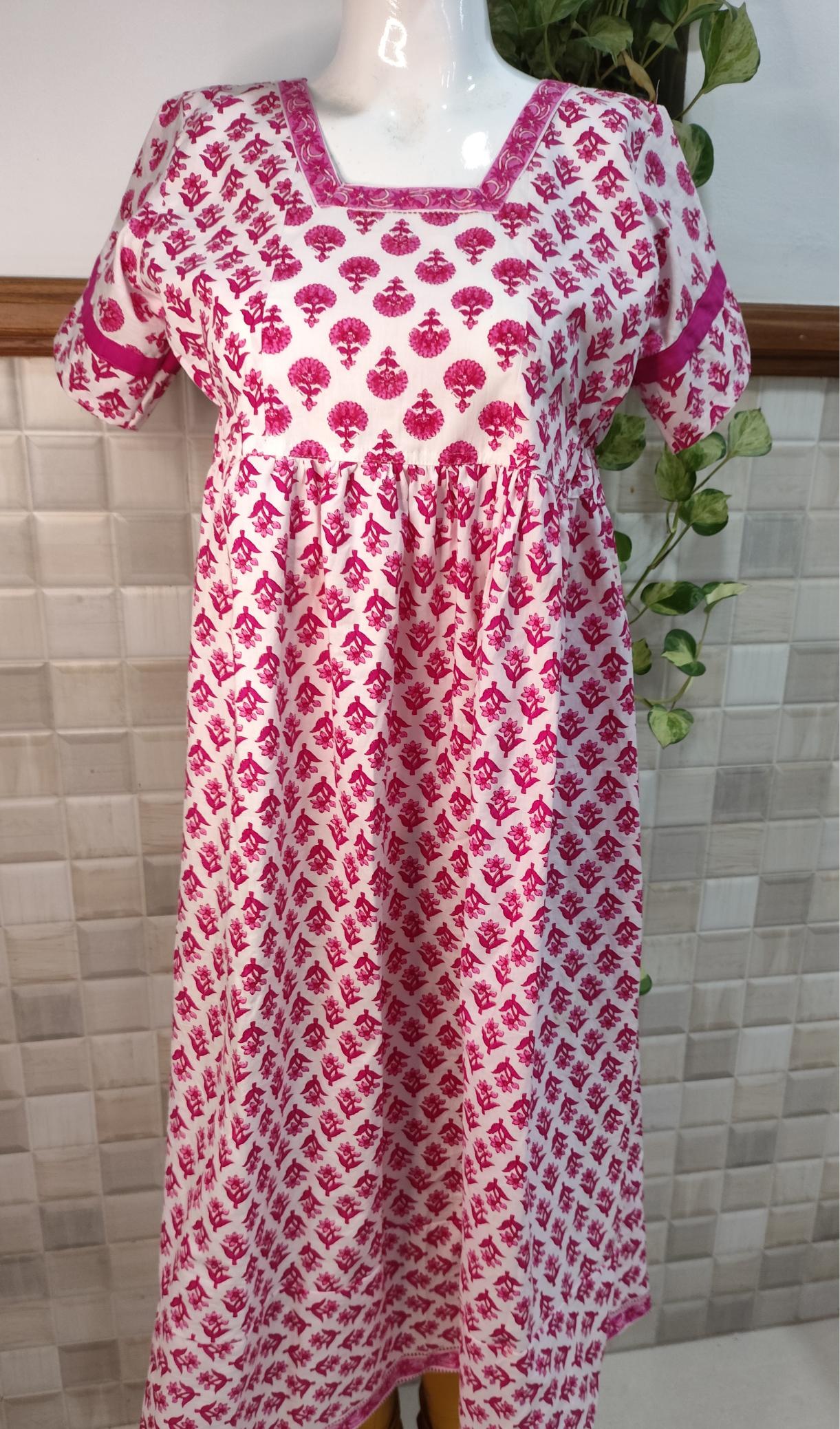 Cotton Pleated, No Open, Side elastic Medium Printed Frock Nighty With 45 inch length