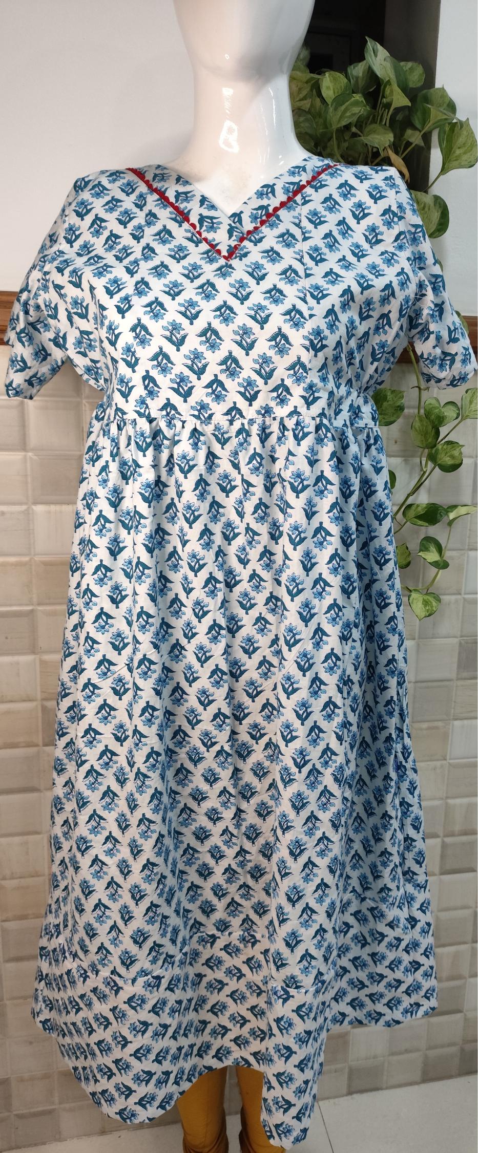 Cotton Pleated, No Open, Side elastic Medium Printed Frock Nighty With 44 inch length