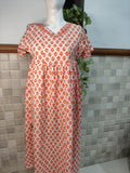 Cotton Pleated, No Open, Side elastic Medium Printed Frock Nighty With 45 inch length