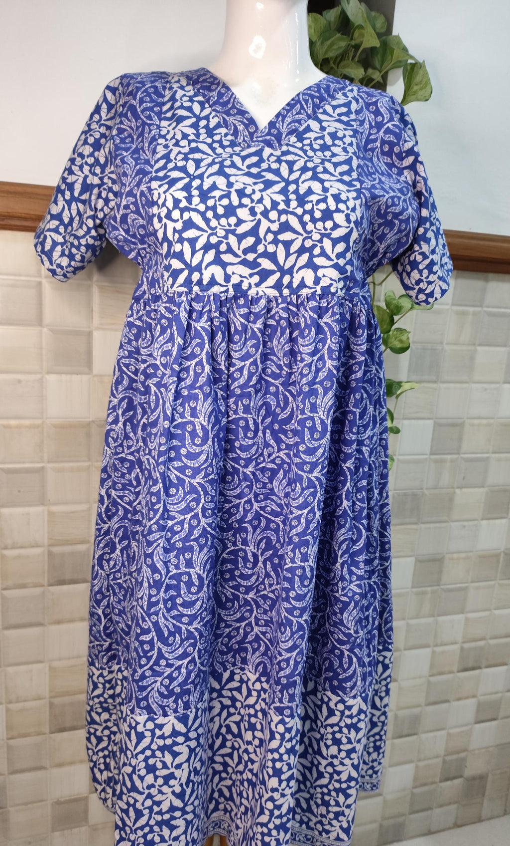 Cotton Pleated, No Open, Side elastic Medium Printed Frock Nighty With 43 inch length