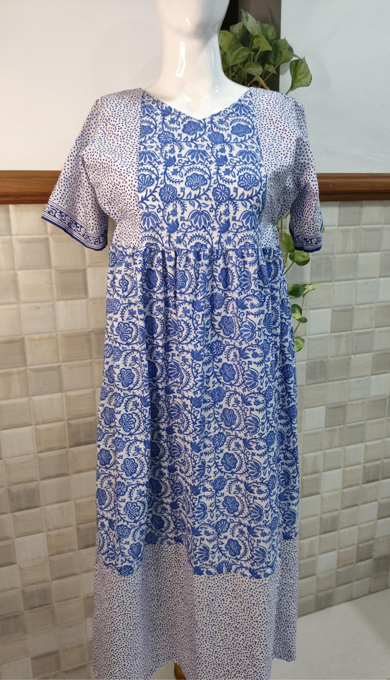 Cotton Pleated, No Open, Side elastic Medium Printed Frock Nighty With 47 inch length