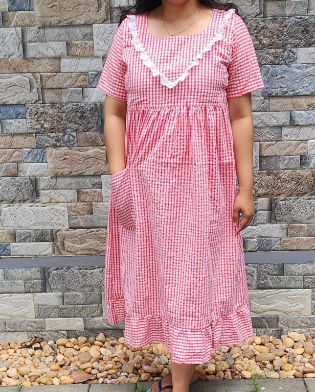 Bantex Pleated, Pockets, Back A-line, Side elastic Medium Printed Frock Nighty With 48 inch length