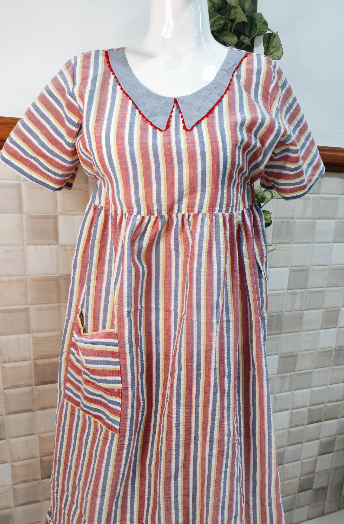 Bantex Pleated, Pockets, Back A-line, Side elastic Medium Printed Frock Nighty With 45 inch length