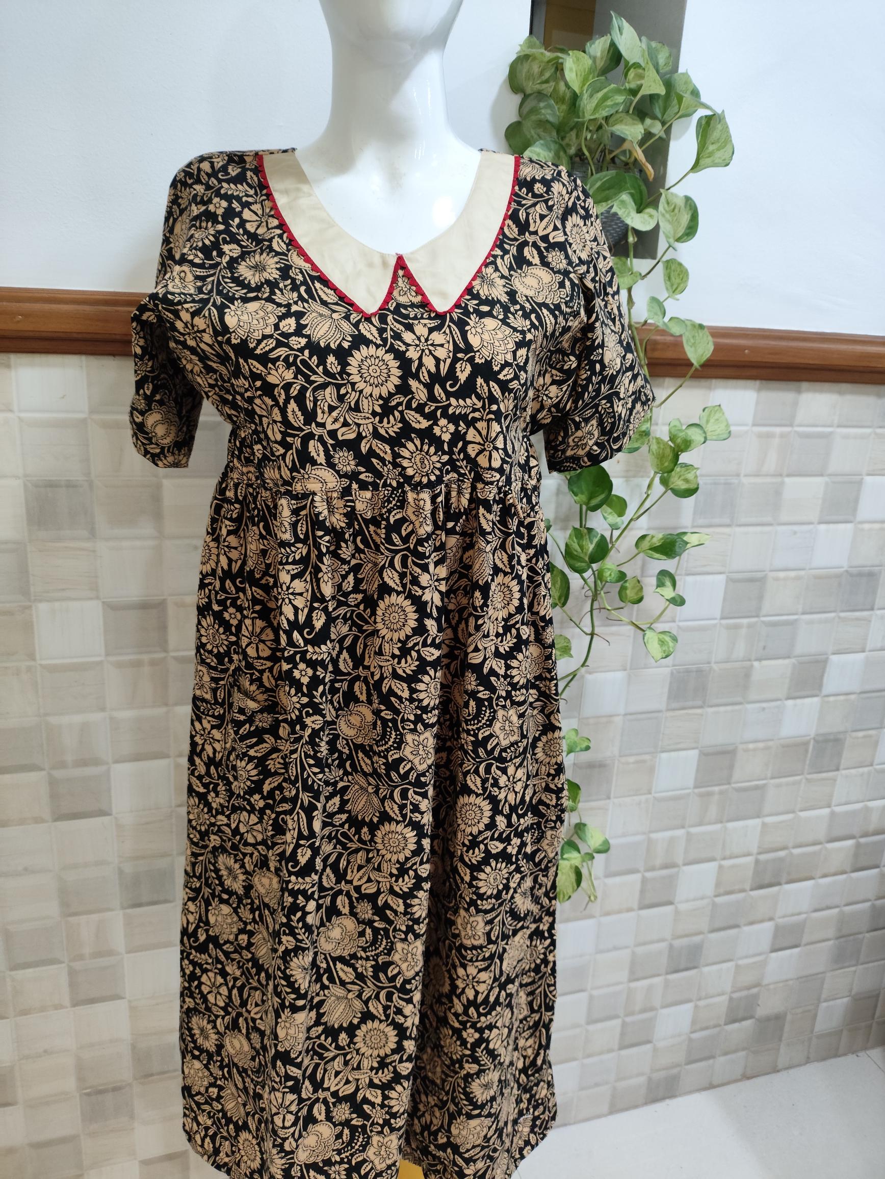 Cotton Pleated, With Pockets, Back A-line, Side elastic Small Printed Frock Nighty With 48 inch length