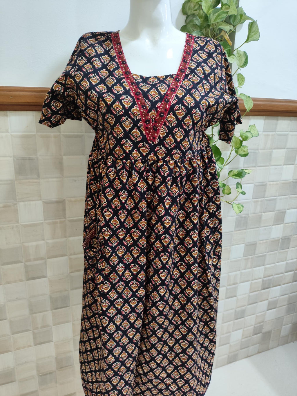 Cotton Pleated, With Pockets, Back A-line, Side elastic Medium Printed Frock Nighty With 48linch length