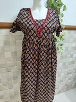 Cotton Pleated, With Pockets, Back A-line, Side elastic Medium Printed Frock Nighty With 44 inch length