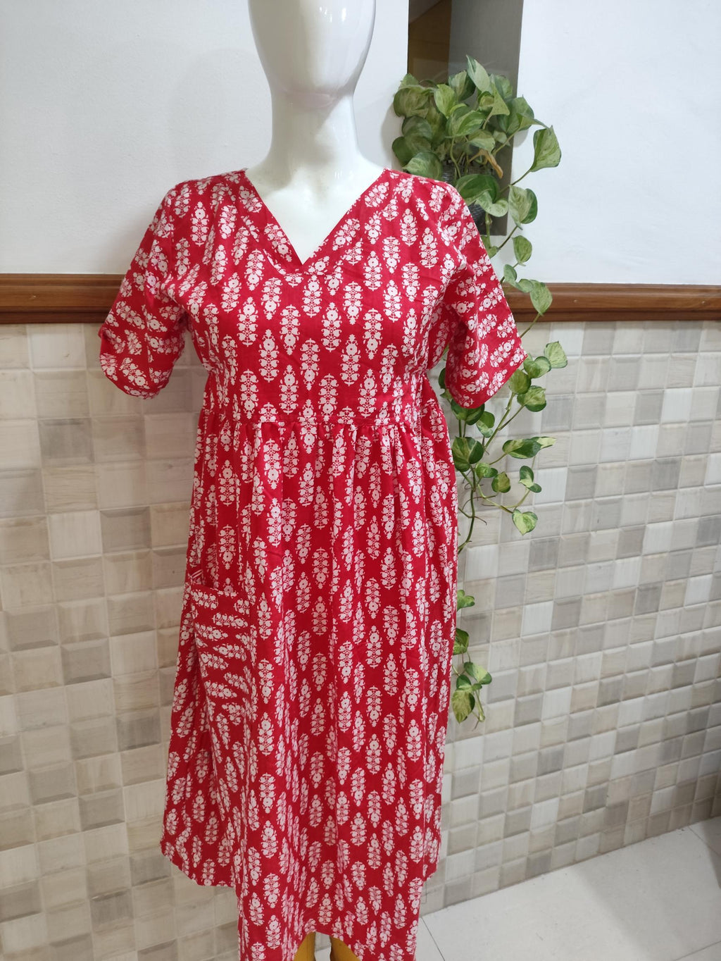 Cotton Pleated, With Pockets, Back A-line, Side elastic Medium Printed Frock Nighty With 43 inch length