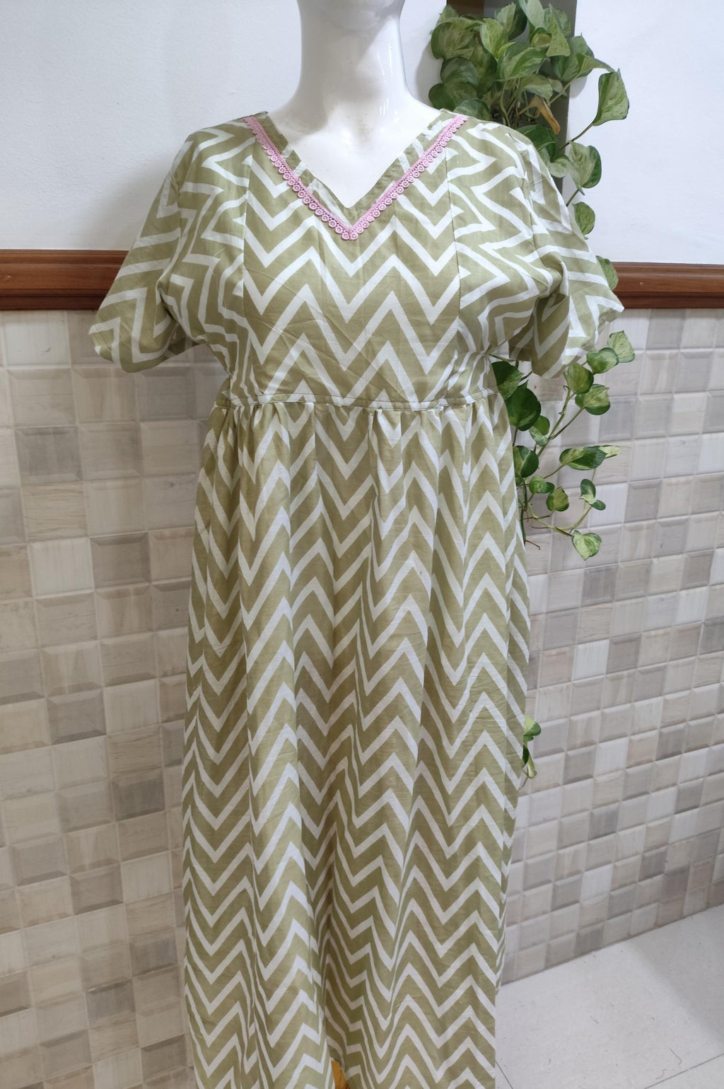 Cotton Pleated, With Pockets, Side elastic Medium Printed Frock Nighty With 48 inch length