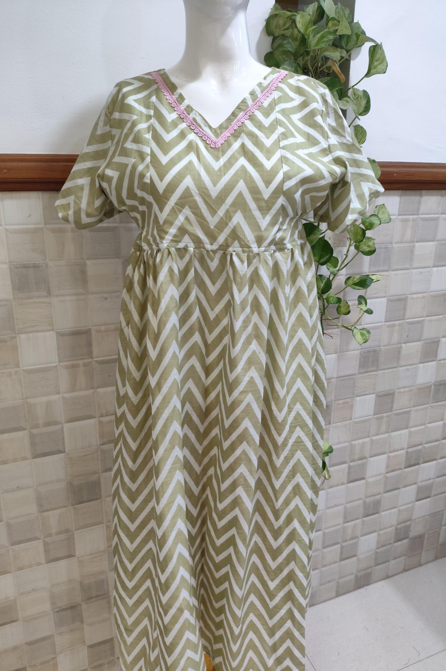 Cotton Pleated, With Pockets, Side elastic Medium Printed Frock Nighty With 48 inch length