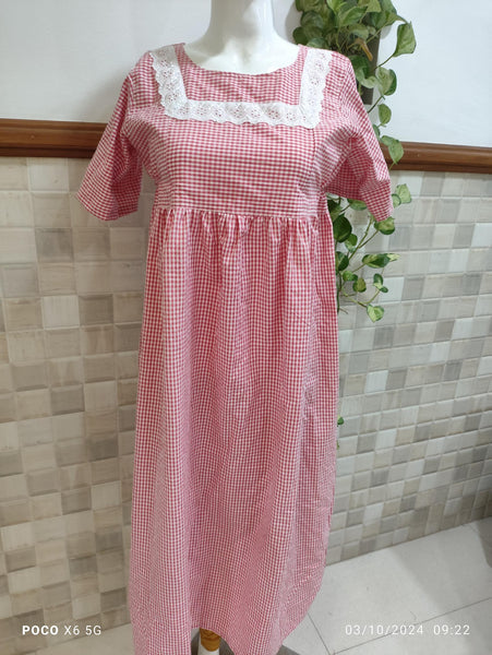 Cotton Pleated, With Pockets, Side elastic Medium Printed Frock Nighty With 48 inch length