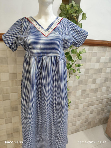 Cotton Pleated, With Pockets, Side elastic Medium Printed Frock Nighty With 48 inch length