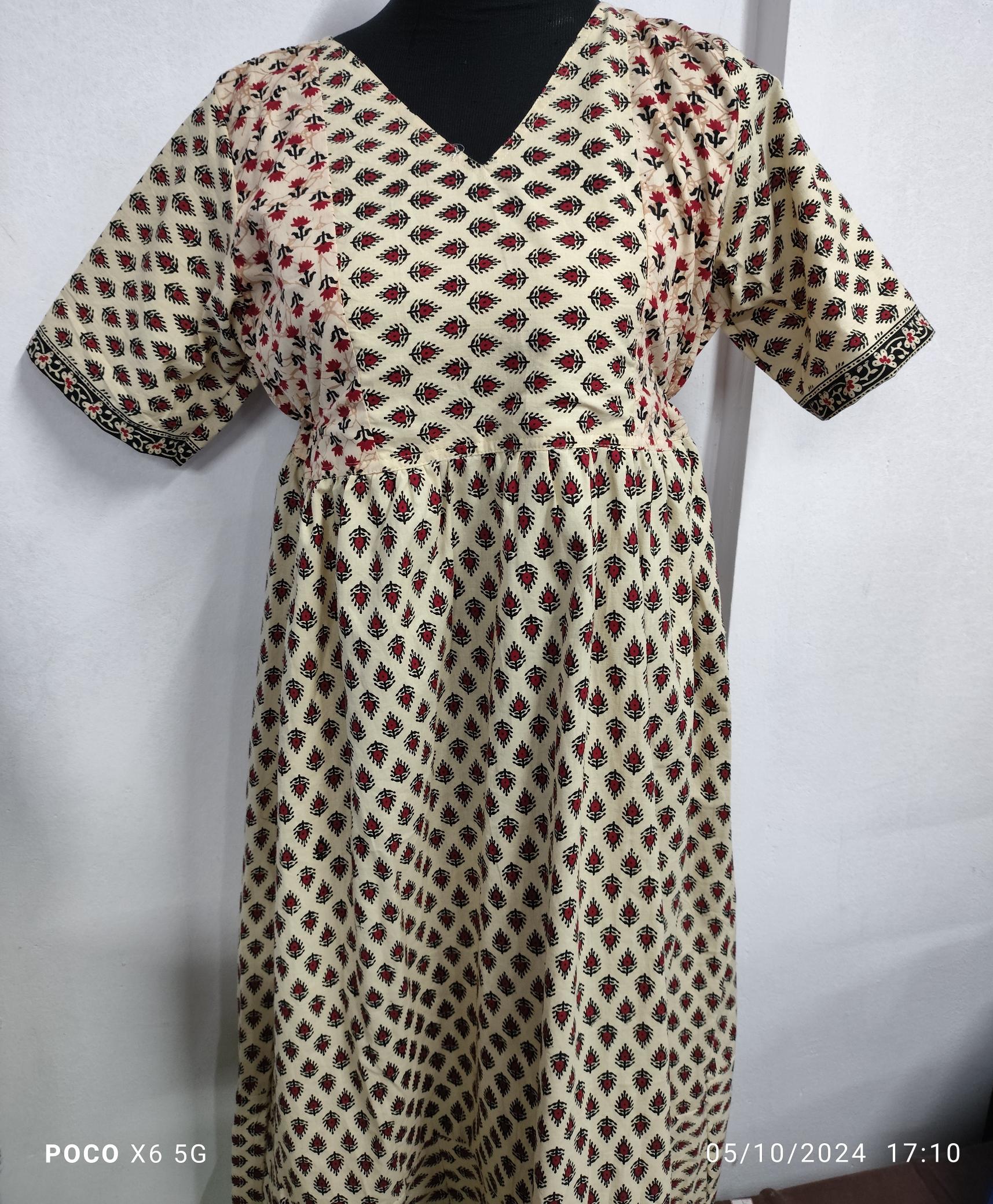 Cotton Pleated, No Open, Side elastic Medium Printed Frock Nighty With 47 inch length