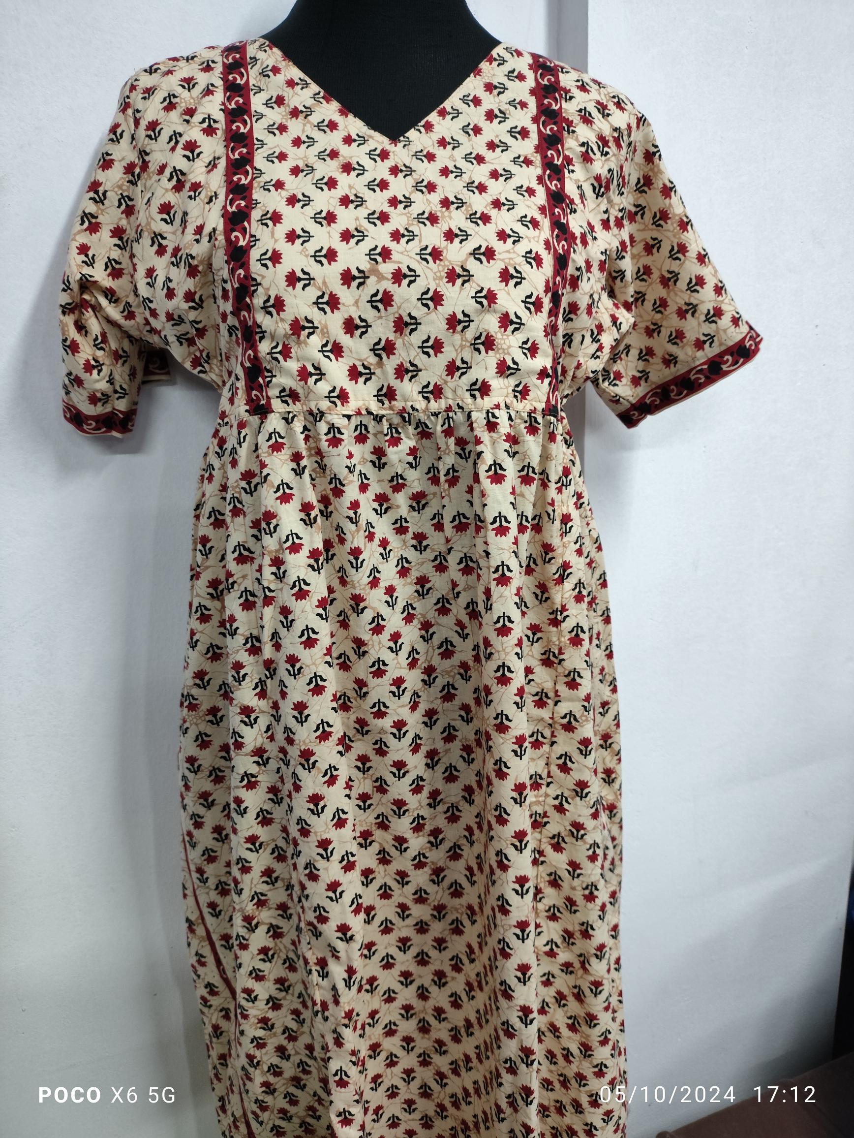 Cotton Pleated, No Open, Side elastic Medium Printed Frock Nighty With 43 inch length