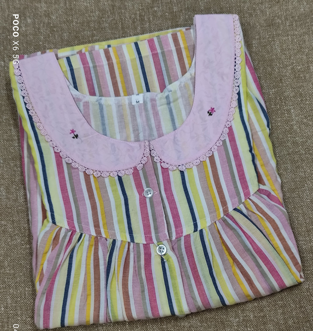 Cotton Pleated, With Pockets, Half Open Medium Printed Nighty