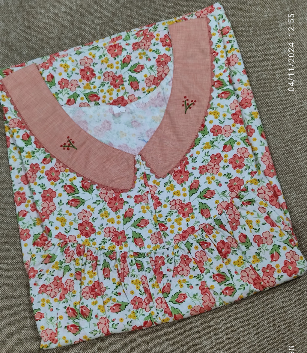 Cotton Pleated, With Pockets, No Open Medium Printed Nighty
