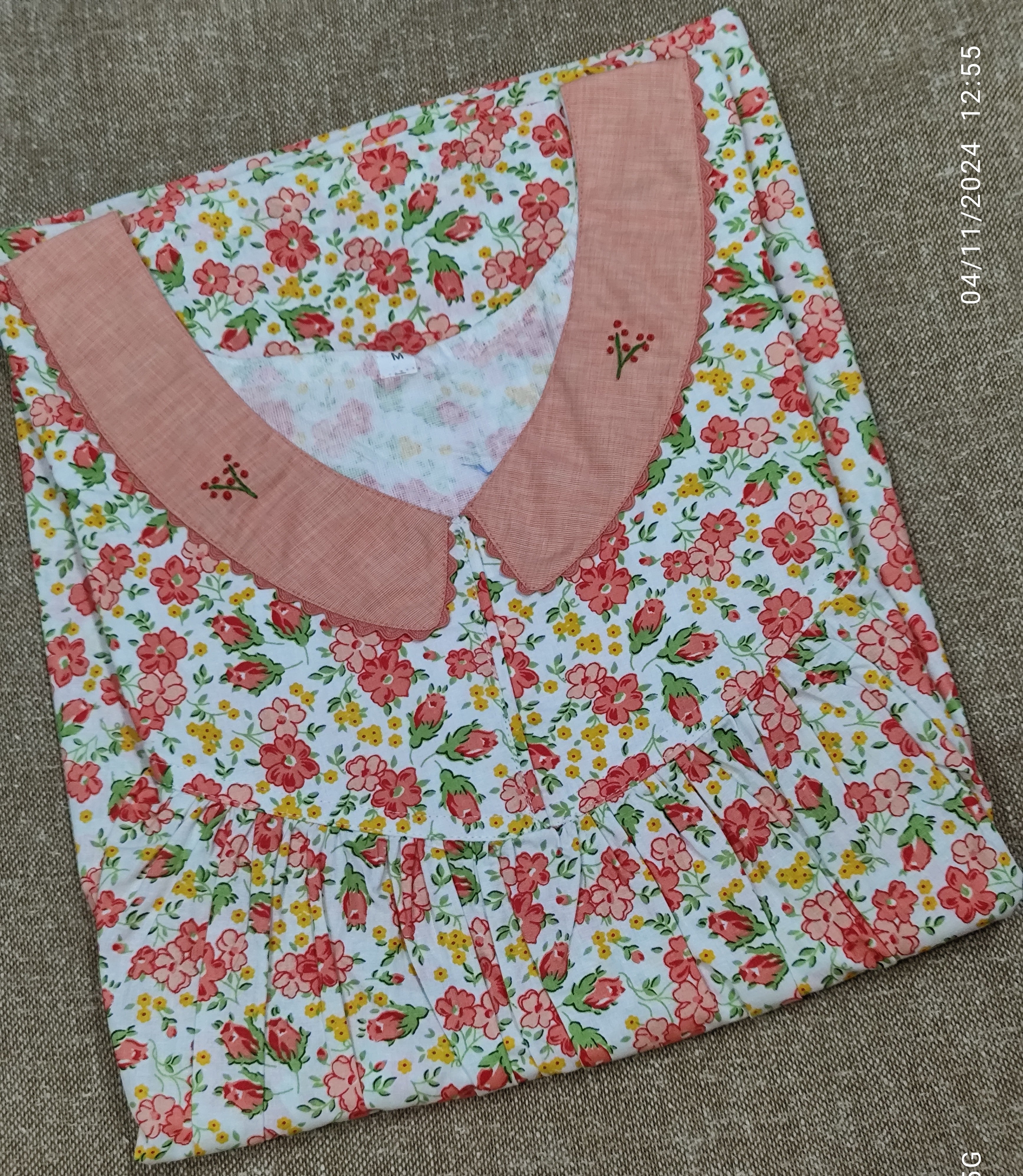 Cotton Pleated, With Pockets, No Open Medium Printed Nighty
