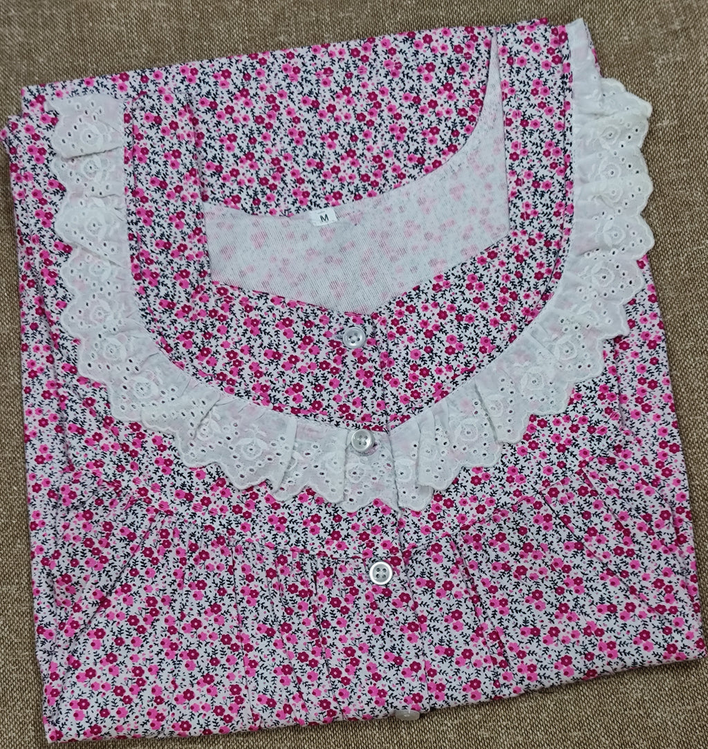 Cotton Pleated, With Pockets, Half Open Medium Printed Nighty