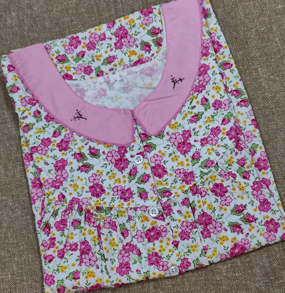 Cotton Pleated, With Pockets, Half Open Medium Printed Nighty