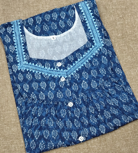 Cotton Pleated, With Pockets, Half Open Small Printed Nighty
