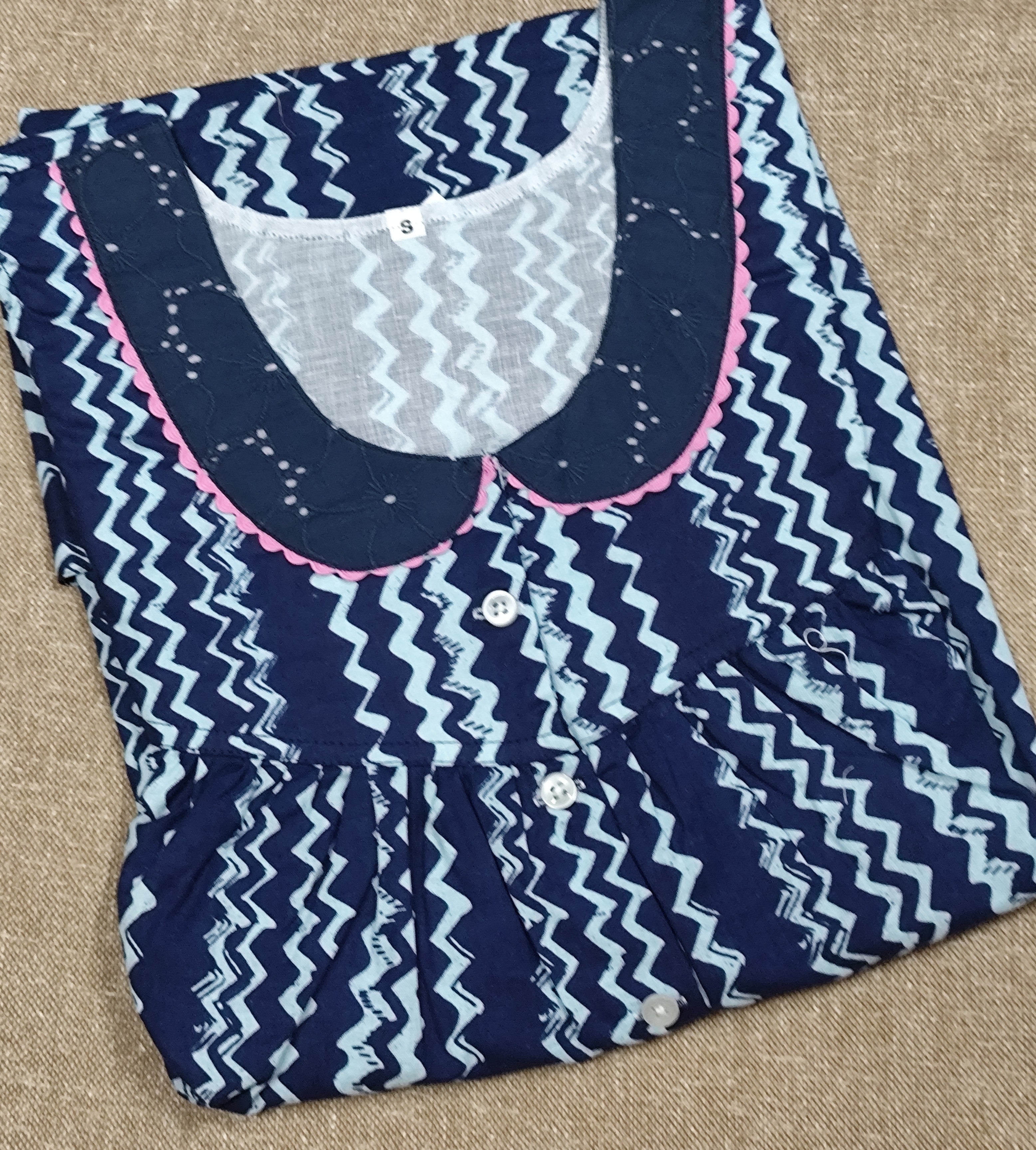 Cotton Pleated, With Pockets, Half Open Small Printed Nighty