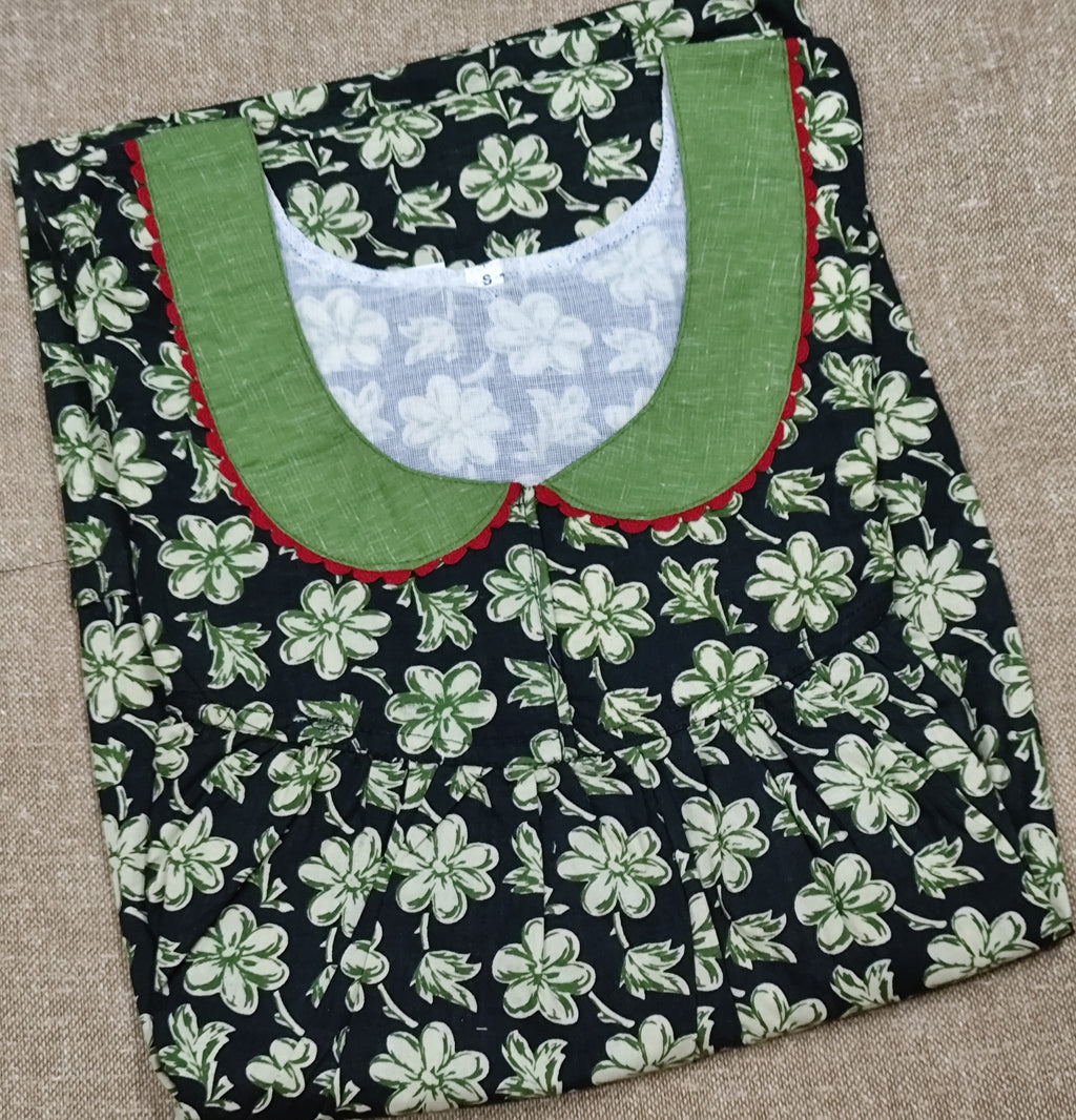 Cotton Pleated, With Pockets, No Open Small Printed Nighty