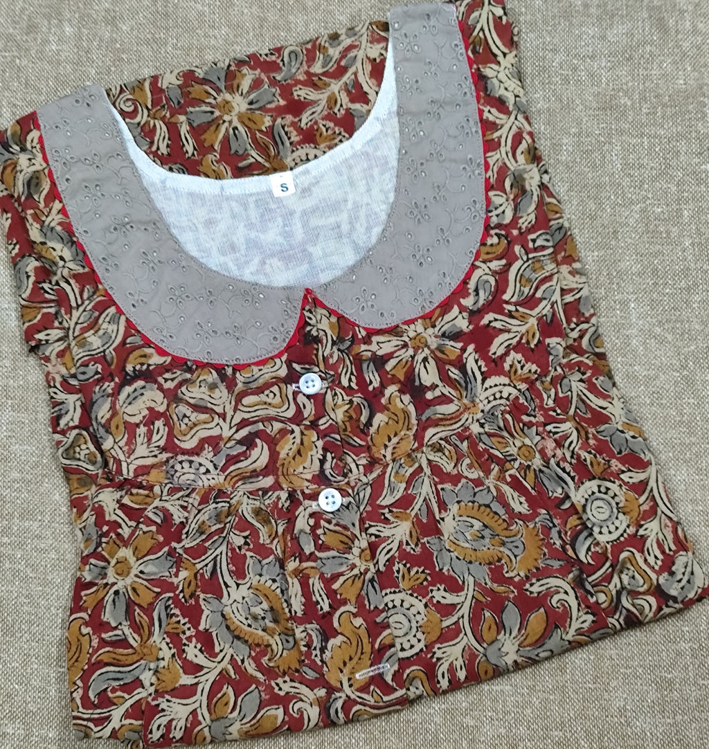 Cotton Pleated, With Pockets, Half Open Small Printed Nighty
